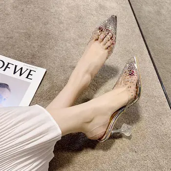 Vara Femei Sandale Sclipici Stras Transparent din PVC Subliniat Toe pantofi cu Tocuri inalte Plus Dimensiune Doamnelor Pantofi de Partid Papuci