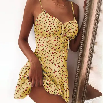 Vara Tipărite Bodycon Mini Rochii Femei Beach Noapte De Petrecere Costume Femei Fără Mâneci Dantelă-Up Stretch Slim Scurt Sundress