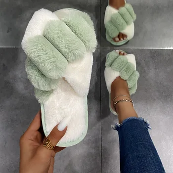 VERTVIE Acasă Papuci Femei cu cele mai Noi Culori Amestecate Pufos Papuci de Primăvară de Iarnă cu Blană Blană Slide-uri pentru Femei Sandale Pantofi Plat