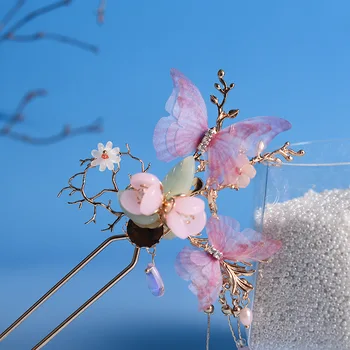 Vintage Fluture Roz Stick de Păr lucrate Manual Clip de Păr Ciucure Ac de Păr Bastoane de Păr Accesorii articole pentru acoperirea capului pentru Kimono Hanfu COSPLAY