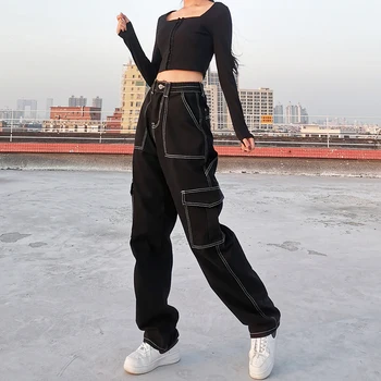 Weekeep Buzunare Mozaic Blugi Largi Moda Streetwear Bumbac Pentru Femei Denim Pantaloni Largi Pantaloni Cargo-Coreean Blugi Harajuku