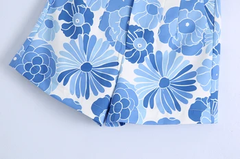 ZA 2021 Femei Vara Noi de Moda Chic Floare de Imprimare Bermude Retro Butonul de Talie Mare pentru Femei Direct Floare Albastră pantaloni Scurți