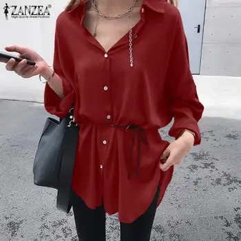 ZANZEA Elegant Tricou Femei de Vara cu Maneci Lungi OL Munca Bluza Casual Rever Gât Butoane Tunica Topuri Blusas Femininas