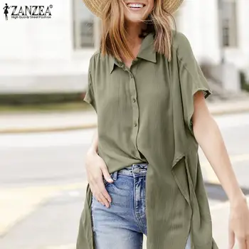 ZANZEA Vara Tricou pentru Femei de Moda Rever Gât Casual Split Tiv Bluza Vrac Blusas de sex Feminin Short Sleeve Solid Butoane Topuri Combinezon
