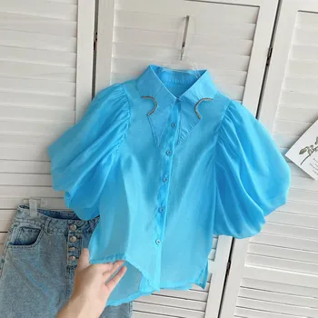 ZAWAHIKI ștrasuri din Mărgele Manșon de Puf de Vară Blusas Mujer Bomboane de Culoare Solidă coreean Ins Bluze Femei Bluze Singur Pieptul Tricouri