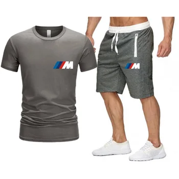 2021 Populare Noi de Bumbac Barbati tricou + pantaloni Scurți de Sport Set BMW de Vară de Înaltă Calitate Bumbac T-shirt Sport Rulează Set