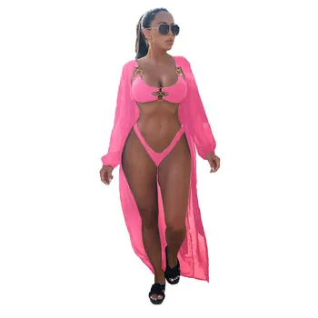 3pcs Set Sexy Bikini Set cu Capac Lung Inel Taie Sutien pentru Femei Costume de baie de Vară pe Plajă Purta costume de Baie Solid 2021 Boho