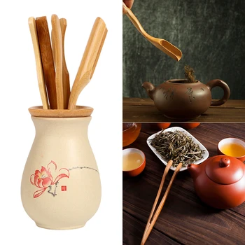 5 bucati/set Ceremonia Ceaiului Set Ustensile din Bambus Lingurite Ac Penseta Clip Filtru Tong Tub de Lemn Set Teaware