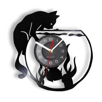 Acvariu Ceas De Perete Pisica Capturarea De Pește Disc De Vinil Stil Creativ Non-Bifarea Tăcut Decor Acasă 7 - Culori Lumina De Noapte Moderne