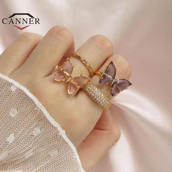 CANNER rafinat cristal fluture inel pentru femei, bărbați, fete reglabil deschide inele Cadouri bijuterii de moda anillos