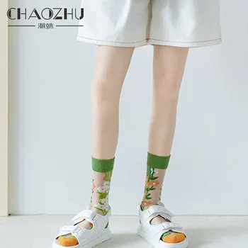 CHAOZHU 2021 Femei Estetică Floarea-soarelui Floret Art Subțire de Vară, de Primăvară Șosete Pur Cristal Moda Stradă Feetwear Mult Echipajului Sosete