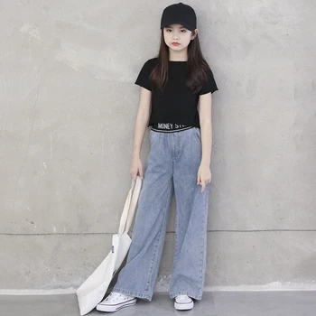 Clasic Boutique 12 13 14 An de Vară pentru Copii Moda coreeană Bumbac Scurt-maneca Top + Pantaloni din Denim Libere Două Piese Utilaje