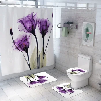 Colorat de Lalele Flori de Lotus Copaci Perdea de Duș Seturi de Covoare antiderapante Capacul de Toaletă și Baie Mat rezistent la apa de Baie Perdele
