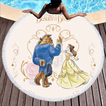Desene animate Disney frumoasa si ia pentru Copii Prosop de Plajă Înot Sport Prosop de Baie cu Ciucure Rotund 150cm