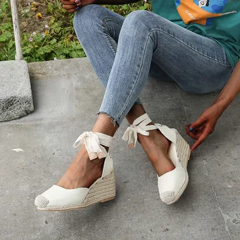 Femei Espadrile Glezna Curea Sandale Confortabil Papuci Doamnelor Femei Pantofi Casual Respirabil In Pânză de Cânepă Pompe