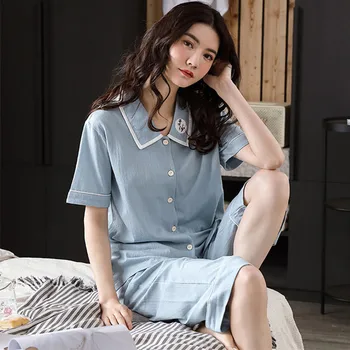Femei Vara Pijamale Lenjerie De Pat Din Bumbac Doamnelor Coreeană Set De Pijamale Cu Mânecă Scurtă Dulce Pijamale Costum De Mari Dimensiuni Tricot Pijamale Pentru Femeie