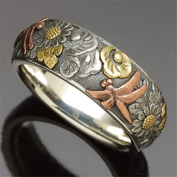 Flori Creativ Libelula Floarea-Soarelui Inel Argint Doamnelor Culoare Sculptate Degetul Arătător Ring Retro Femei Bijuterii