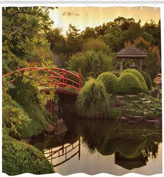 Japoneze Perdea de Duș Impermeabil Grădină Liniștită în Amurg, cu Reflecții în Apă Red Bridge Multi-Dimensiune Perdea de Baie