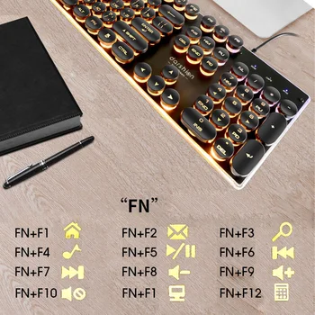 Jocuri Russian Keyboard Retro Rotund Stralucitoare Keycap Iluminata USB cu Fir Metalic Panou Iluminat de Frontieră rezistent la apa