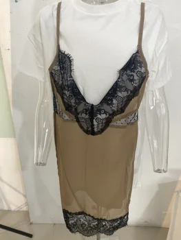 [MOART] noua moda de vara femei dantelă mozaic mâneci scurte fals două piese rochie T-shirt, de sex feminin vestido WR60702L