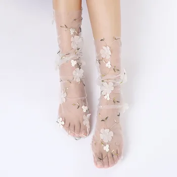 Moda 3D Flori Dantelă Ciorapi Femei Transparent Tul Lung Șosete Femme Vara Ultra-subțire Sosete Femei Rochie Calcetines medias