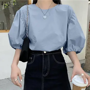 Moda Bluza Eleganta pentru Femei de Vară 2021 Solid Tunica Topuri ZANZEA Puf de Jumătate Maneca Pulover Casual-coreean O de Gât Blusa