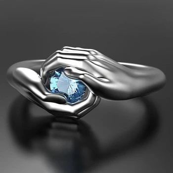 Moda Mâinile Îmbrățișeze Albastru de Cristal Zircon Inel Femei Creative Petrecere de Nunta de Argint Culoare Inel Rafinat de Bijuterii Cadou