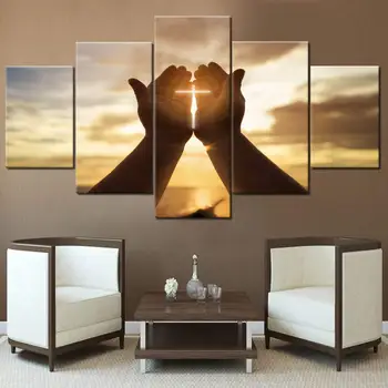 Perete Cruci Decor Isus Mâini de Rugăciune Tablouri de Arta de Perete pentru Camera de zi Christian Poze 5 Bucată de Pânză Modern Decor Acasă