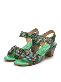 SOCOFY Femei Stil Retro Sandale cu Bule Florale Imprimate din Piele Cârlig Buclă Rotund Toe Casual în aer liber Tocuri Indesata Sandale