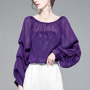 Temperament Elegant violet Sifon Maneca Lunga Camasa de primavara toamna femei Puff Maneca Pulover vrac Top 2021 Harajuku tricou