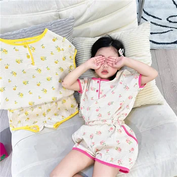 Vara Pijamale Noi Haine Set Toddler Fata de Bumbac Dulce Floral Imprimat cu Maneci Scurte Topuri + Confortabil Respirabil pantaloni Scurți 2 buc