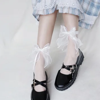 1 Pereche Lolita Șosete De Nailon Transparent Întinde Elasticitatea Dantelă Panglică Arc Glezna Ciorap Plasă De Fire Subțiri Femei Șosete Cool