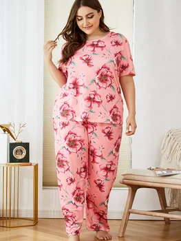 2020 Feminin Pijamale Somn de Cauzalitate Largă Roz Cu Flori T Shirt cămașă de noapte Supradimensionate pentru Femei Haine de Acasă 2 Bucata Halat Seturi Pijamas