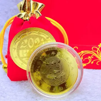 2021 Anul Boului Zodiac Monedă de Aur cu Roșu de Anul Nou Sac de Pânză Monedă Comemorativă Feng Shui, Decoratiuni Consumabile I88