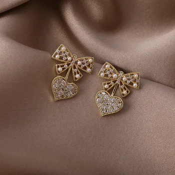 2021 New Sosire La Modă Imitație Pearl Papion Dragoste Inima Zircon Picătură Cercei Pentru Femeile De Moda Dulce De Cristal Bijuterii Cadouri