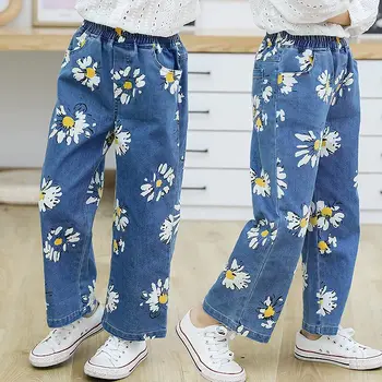 2021 Primavara Toamna pentru Copii fete Blugi Floare de Imprimare Blugi Largi picior pantaloni Fete Fete de Moda Pantaloni Copii Fete Haine Casual
