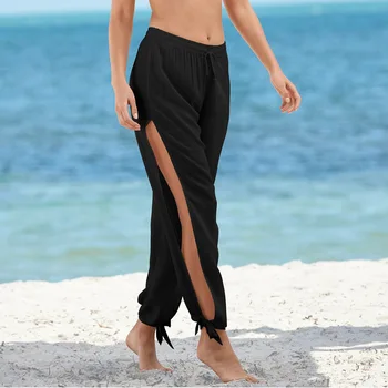 2021 Vara Femei Vrac Talie mică Fantă Laterale Largi Picior Pantaloni de Moda de Vacanta pe Plaja Respirabil Culoare Solidă de tip Boutique de Pantaloni Noi