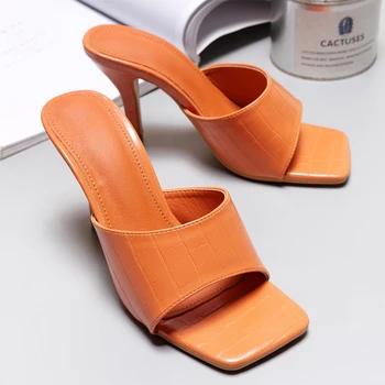 2021 Vara Noul Model de Piatra cu Toc Papuci pentru Femei Fashion Square Toe Subțire Heels9CM doamnelor Slide-uri de Birou Sandale pentru Femeie Pantofi