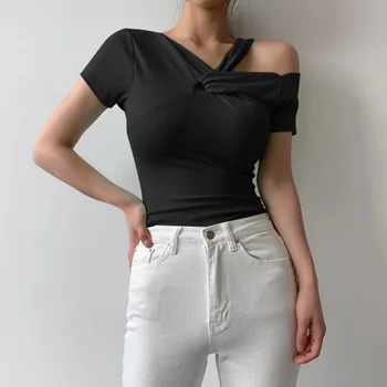 2021 Vară Nou Design Sens Răsucite Gol cu mânecă Scurtă T-shirt fără Bretele etanș Slăbire Scurt Cultură Y2k Top Femei