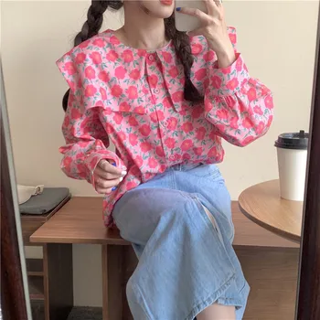 Alien Kitty Femei Primavara Noi Chic 2021 Fierbinte Bluza Dulce Floral De Imprimare Femme Blând Camasi Office Lady Streetwear Topuri