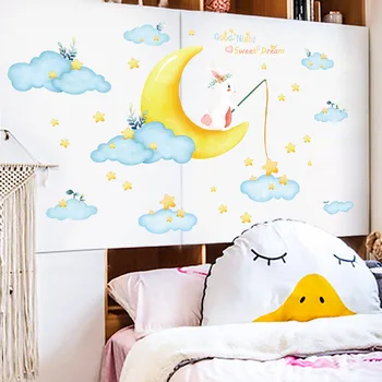 Auto-adezive autocolante de perete pentru camera copiilor dormitor decoratiuni de perete desene animate iepure luna star autocolante autocolante copii picturi murale