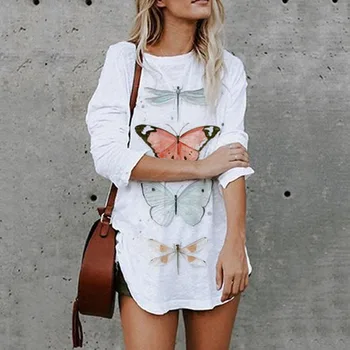 Butterfly Vintage White Graphic T Shirt Haine Femei Plus Dimensiune Topuri de Vara pentru Femei Plin Mâneci Largi Casual Tricou