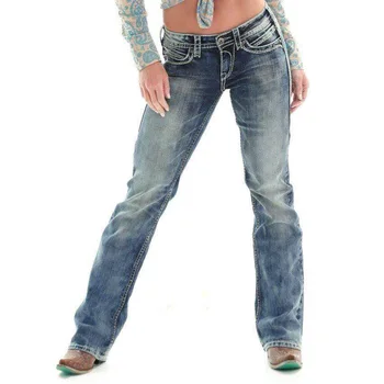 Colorate blugi stretch linie groasă broderie fierbinte de vânzare blugi mijlocul talie pantaloni drepte blugi femei
