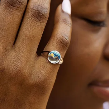 De Soare moda Ring Inel de Argint pentru Femei Nor de Munte Peisaj Email de Artizanat Bijuterii