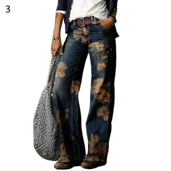 Femei Retro Cu Talie Înaltă Largi Picior De Imprimare Florale Timp Liber Blugi Pantaloni Pantaloni