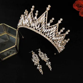 FORSEVEN Cristal Alb Rochie de Mireasa Frizură Accesorii de Mireasa, Coroana Baroc Printesa Coroana Cu Cercei Femei Tiara JL