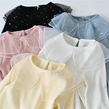 Guler de papusa Baby Girls T-shirt Bottom de Îmbrăcăminte pentru Copii cu Maneca Lunga Copii Tricou de Bumbac Topuri