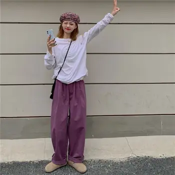 Harajpoo Femei Pantaloni De Vară 2021 Nou Coreean Talie Elastic Casual Culoare Solidă Direct Largi Picior Liber Sălbatice Harajuku Pantaloni Lungi