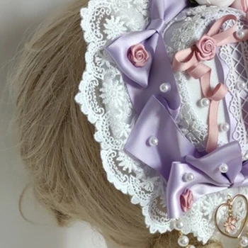 Japoneze Lolita Dulce Dantelă De Top Hat Pearl Margele Bowknot Floare Trandafir Bonnet Capac Plat Epocă Partid Cosplay Accesoriu De Păr