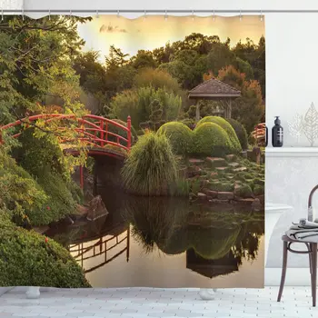 Japoneze Perdea de Duș Impermeabil Grădină Liniștită în Amurg, cu Reflecții în Apă Red Bridge Multi-Dimensiune Perdea de Baie